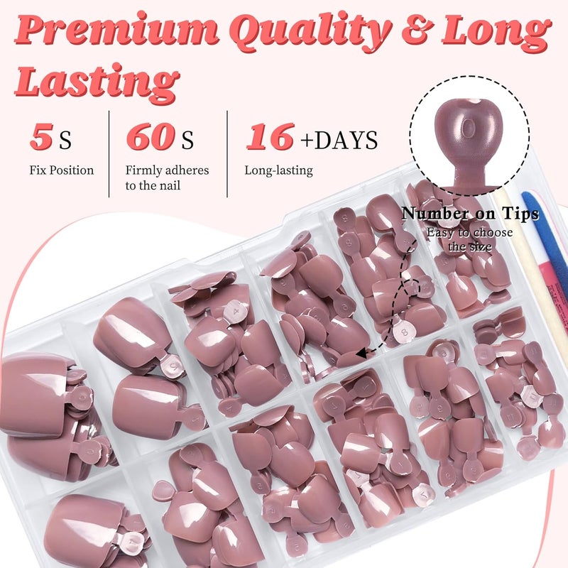 LuckForever 168pc Press on Toenails Women Fake Toe Nails with Glue Tabs, Coffee Fake Toenails Press on Nail Short Square Toe Nails Press ons Glue Toenail Feet False Artificial Acrylic Toe Nail Tips - Image 4